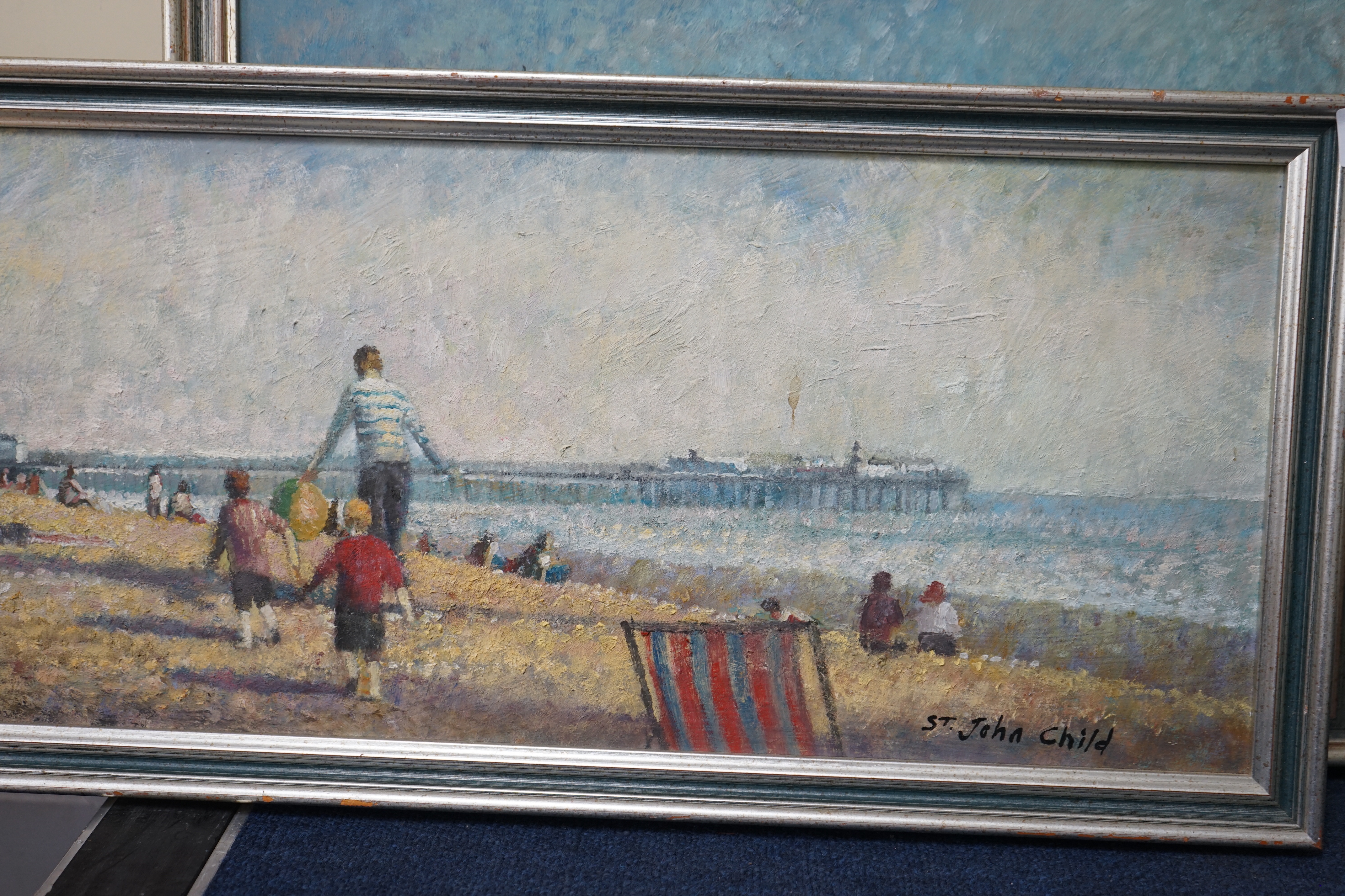 St John Child (b.1936), oil on board, Panoramic view of Brighton seafront, signed, 24 x 89cm
